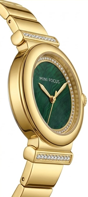 Gold-Emerald Small Round Dial Watch for Women
