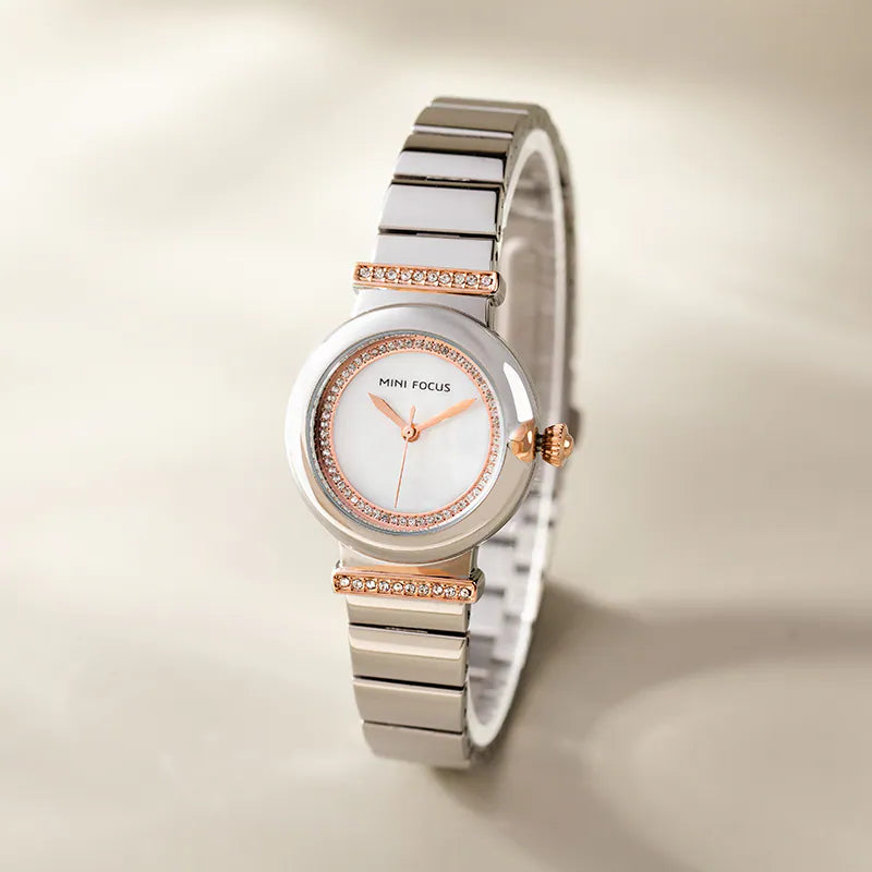 Silver Mother of Pearl Small Round Dial Watch for Women