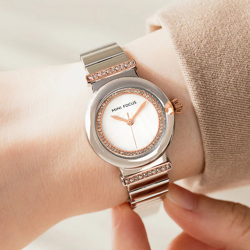 Silver Mother of Pearl Small Round Dial Watch for Women
