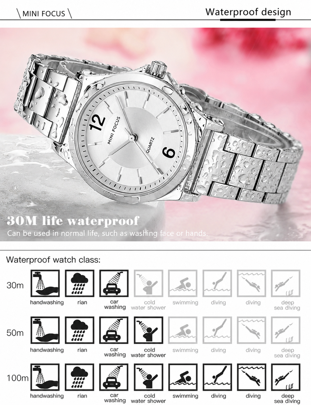Mini Focus MF0308L.01 Minimalist White Dial with Stainless Steel Bracelet - Silver