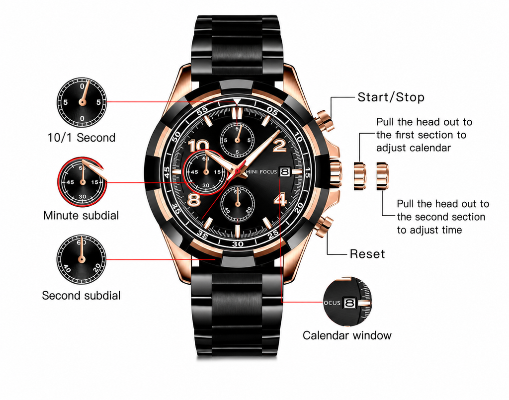 Mini Focus MF0198G.02 Phantom Black Chronograph Silver Case with Date display