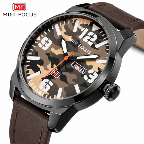 Beige Camouflage Dial Leather Watch for Men