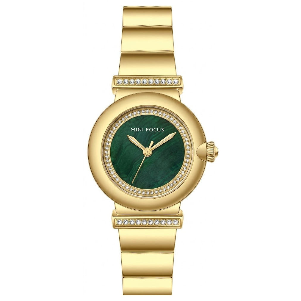 Gold-Emerald Small Round Dial Watch for Women