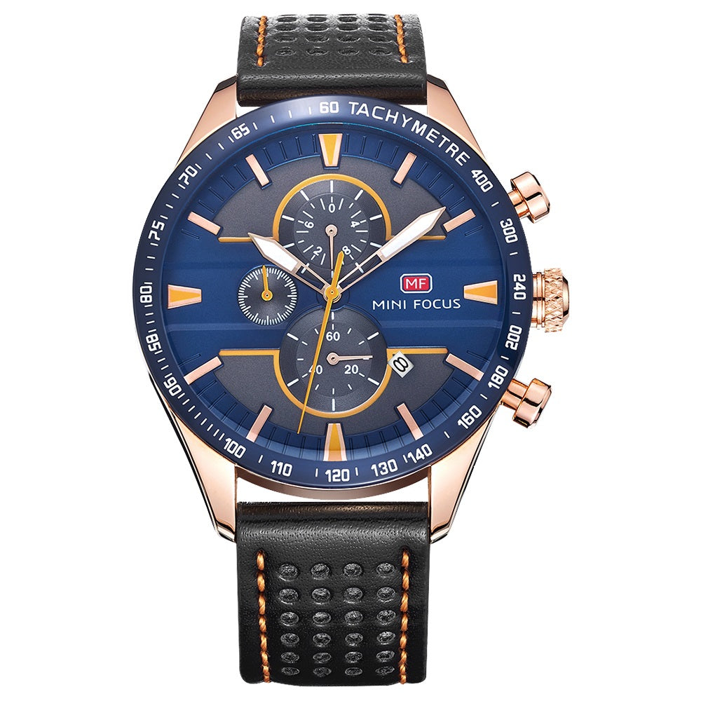 A men's chronograph watch with a blue dial, rose gold-tone case, and a black perforated leather strap with orange stitching, shown on a plain white background.