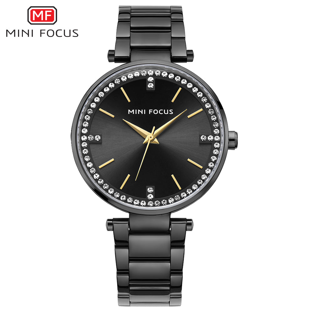 Mini Focus MF0031L.02 Midnight Glam Crystal Edition – Black Dial Women’s Elegant Watch with Gold Accents