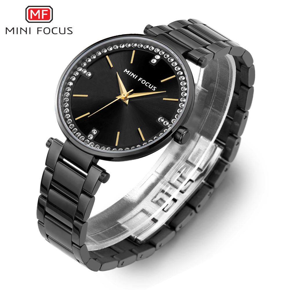 Mini Focus MF0031L.02 Midnight Glam Crystal Edition – Black Dial Women’s Elegant Watch with Gold Accents