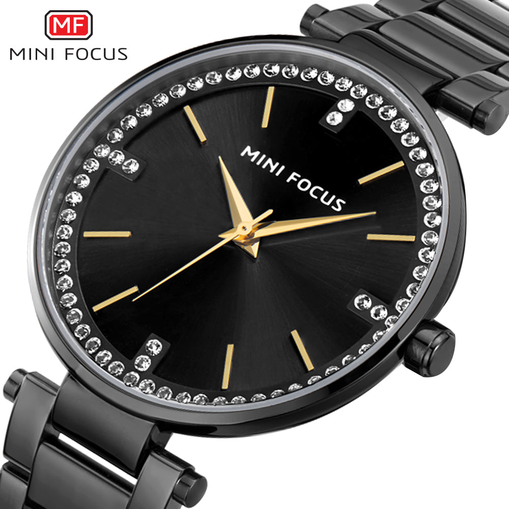 Mini Focus MF0031L.02 Midnight Glam Crystal Edition – Black Dial Women’s Elegant Watch with Gold Accents