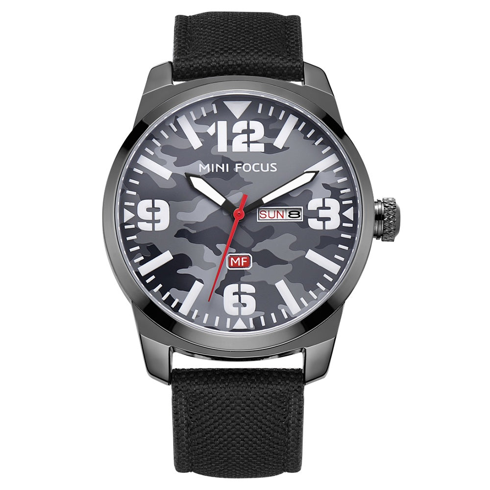 Mini Focus MF0032G.05 Leather Watch for Men - Black Camouflage Dial