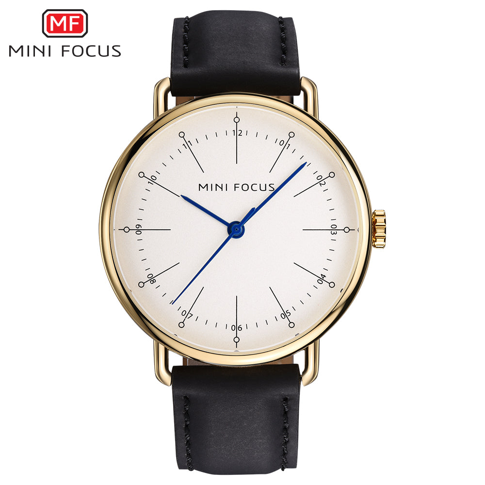Mini Focus MF0056G.02 Black Leather Watch for Men with White Dial Blue Hands