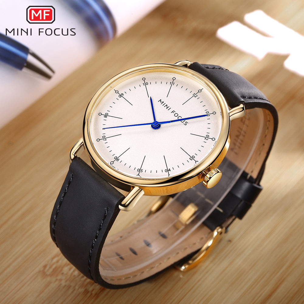 Mini Focus MF0056G.02 Black Leather Watch for Men with White Dial Blue Hands