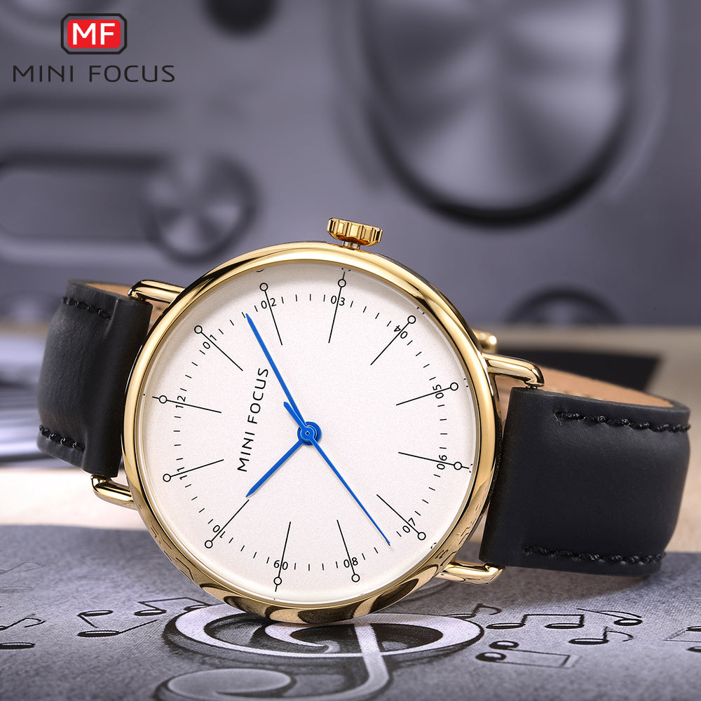 Mini Focus MF0056G.02 Black Leather Watch for Men with White Dial Blue Hands