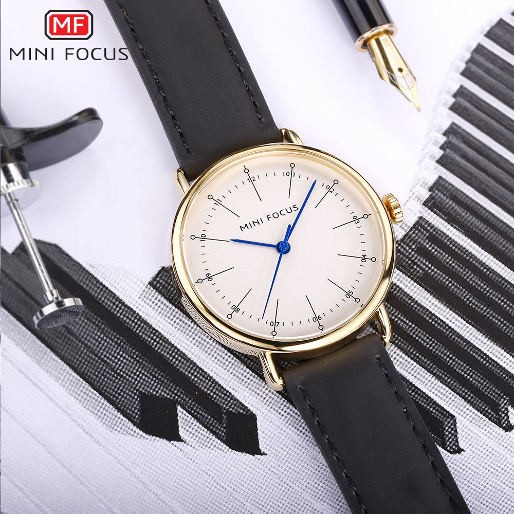 Mini Focus MF0056G.02 Black Leather Watch for Men with White Dial Blue Hands