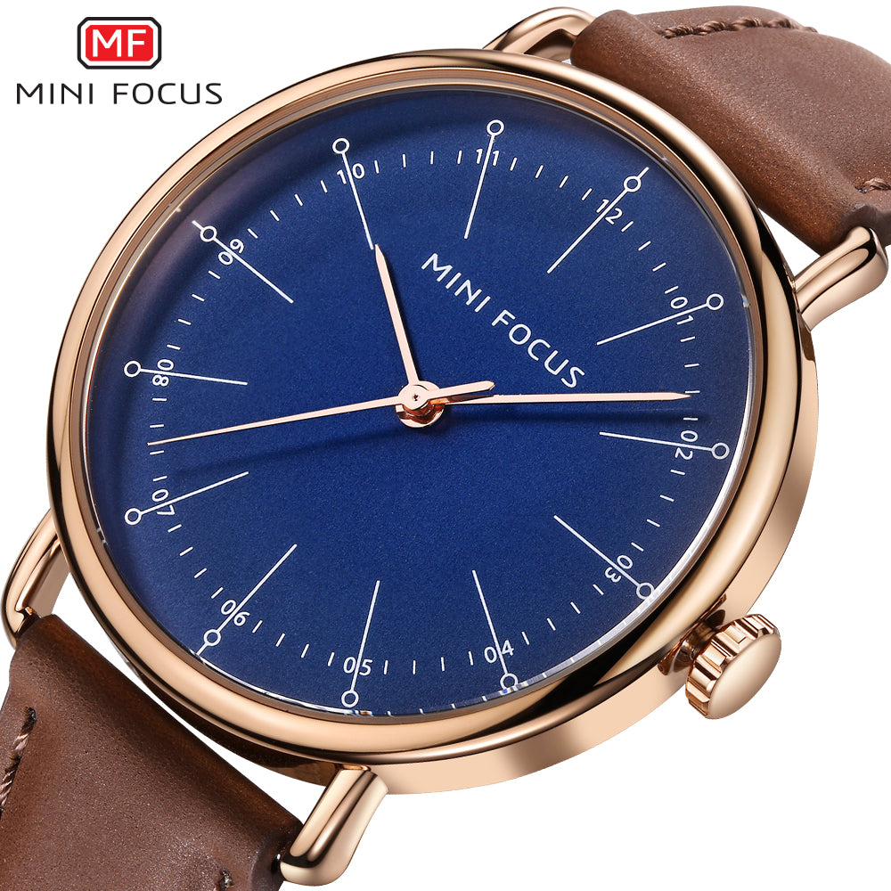 Mini Focus MF0056G.04 Brown Leather Watch for Men with Blue Dial Rosegold Case