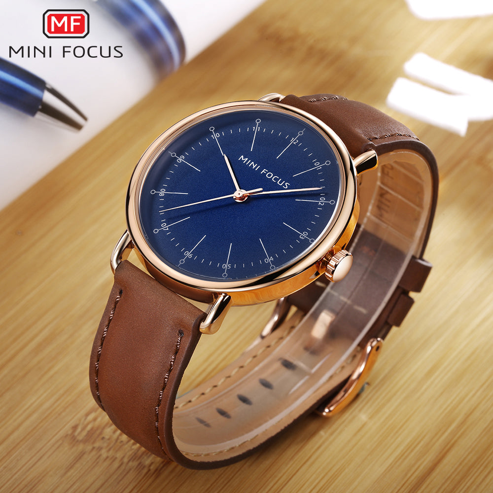Mini Focus MF0056G.04 Brown Leather Watch for Men with Blue Dial Rosegold Case