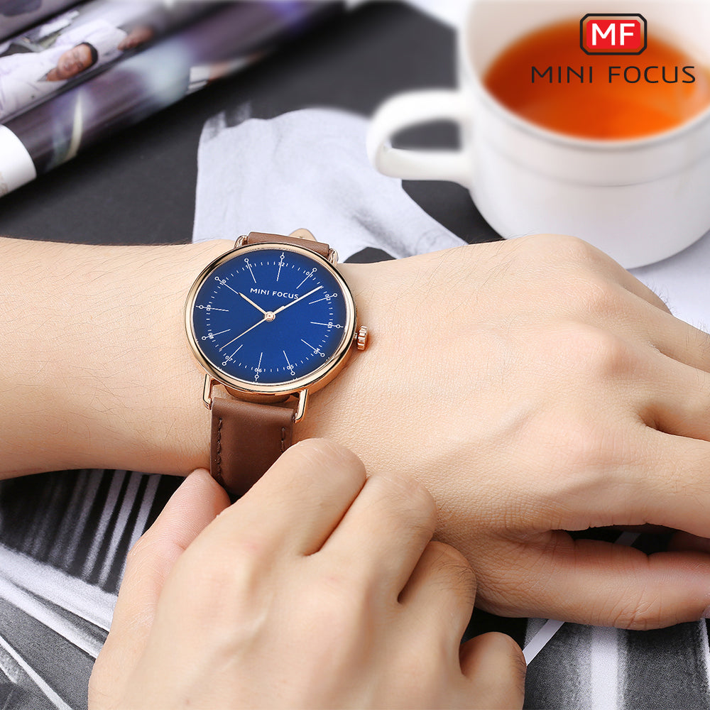 Mini Focus MF0056G.04 Brown Leather Watch for Men with Blue Dial Rosegold Case