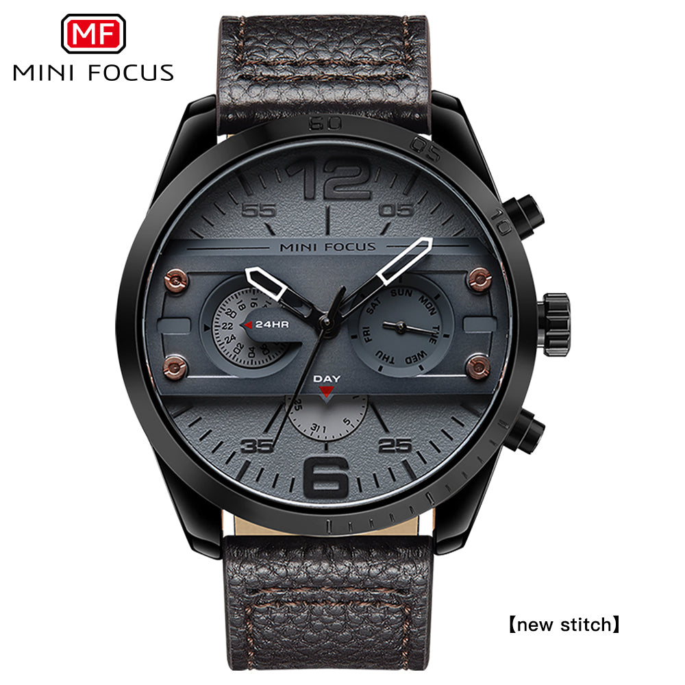 Mini Focus MF0068G.05 Black Leather Watch with Day display and Chronograph dial