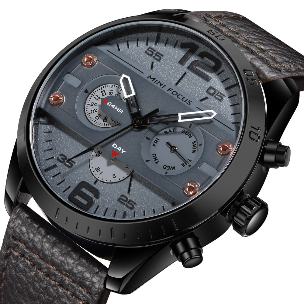 Mini Focus MF0068G.05 Black Leather Watch with Day display and Chronograph dial