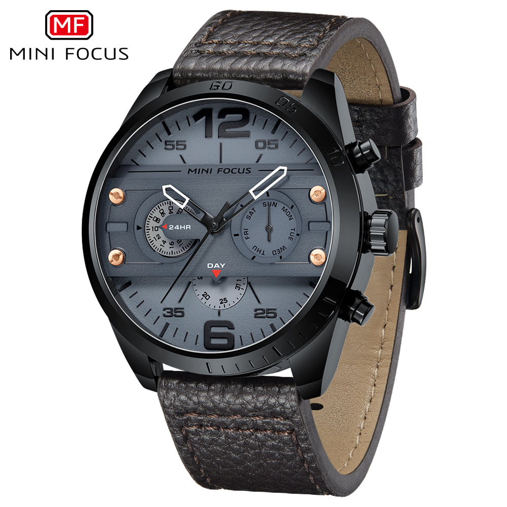 Mini Focus MF0068G.05 Black Leather Watch with Day display and Chronograph dial
