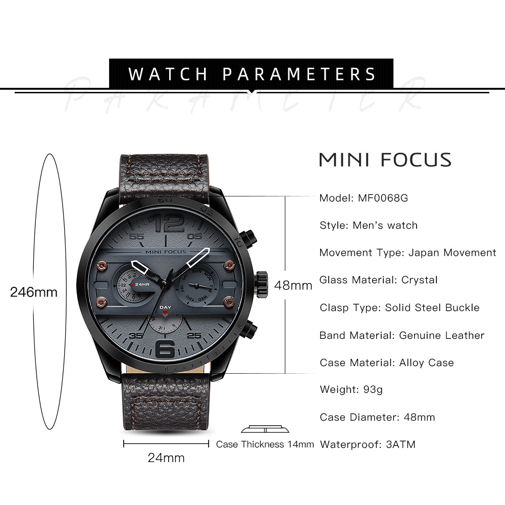 Mini Focus MF0068G.05 Black Leather Watch with Day display and Chronograph dial