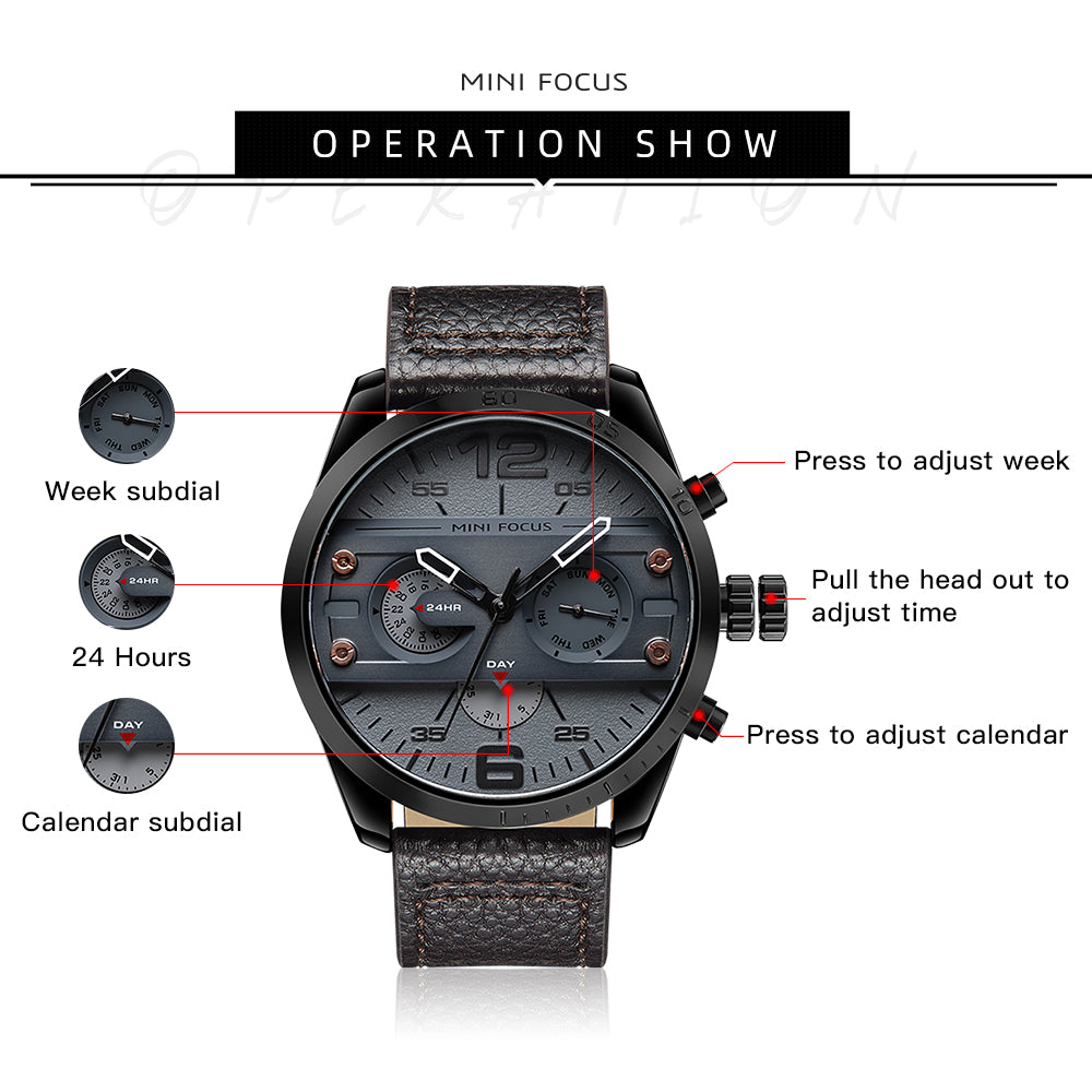 Mini Focus MF0068G.05 Black Leather Watch with Day display and Chronograph dial