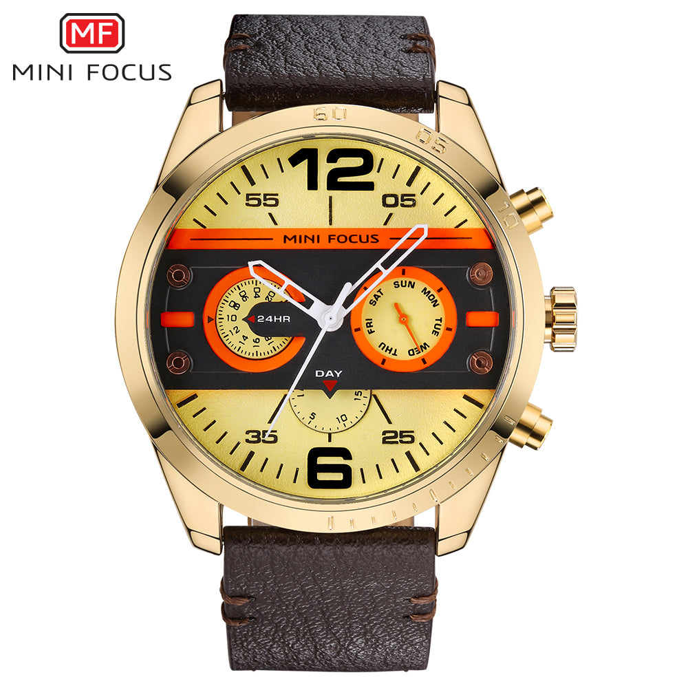 Mini Focus MF0068G.06 Brown Leather Watch with Yellow Sunshine Dial Day display and Chronograph
