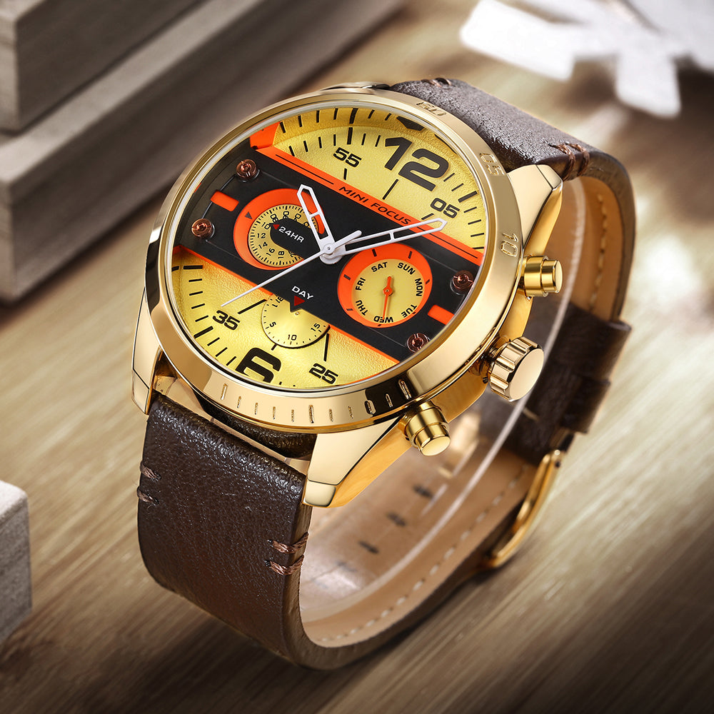 Mini Focus MF0068G.06 Brown Leather Watch with Yellow Sunshine Dial Day display and Chronograph