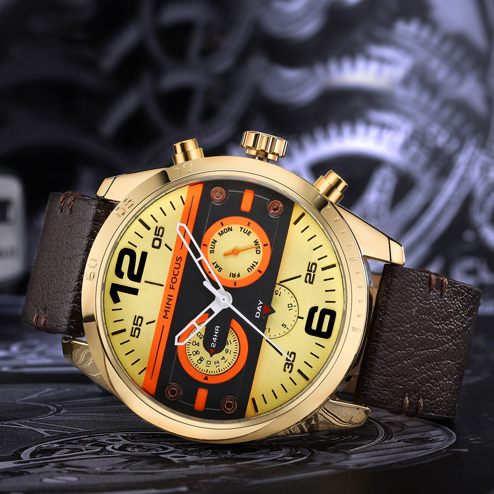 Mini Focus MF0068G.06 Brown Leather Watch with Yellow Sunshine Dial Day display and Chronograph