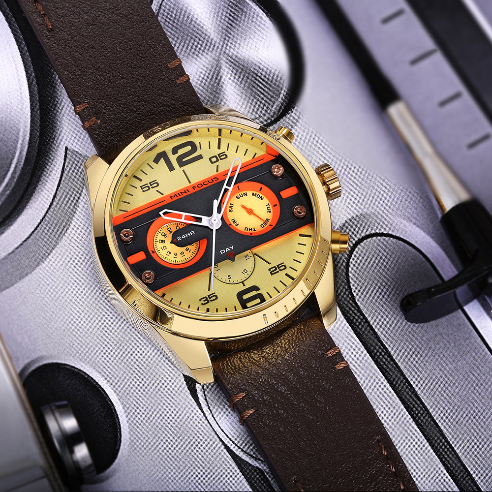 Mini Focus MF0068G.06 Brown Leather Watch with Yellow Sunshine Dial Day display and Chronograph