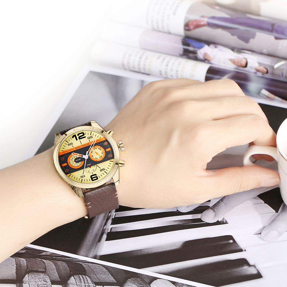 Mini Focus MF0068G.06 Brown Leather Watch with Yellow Sunshine Dial Day display and Chronograph