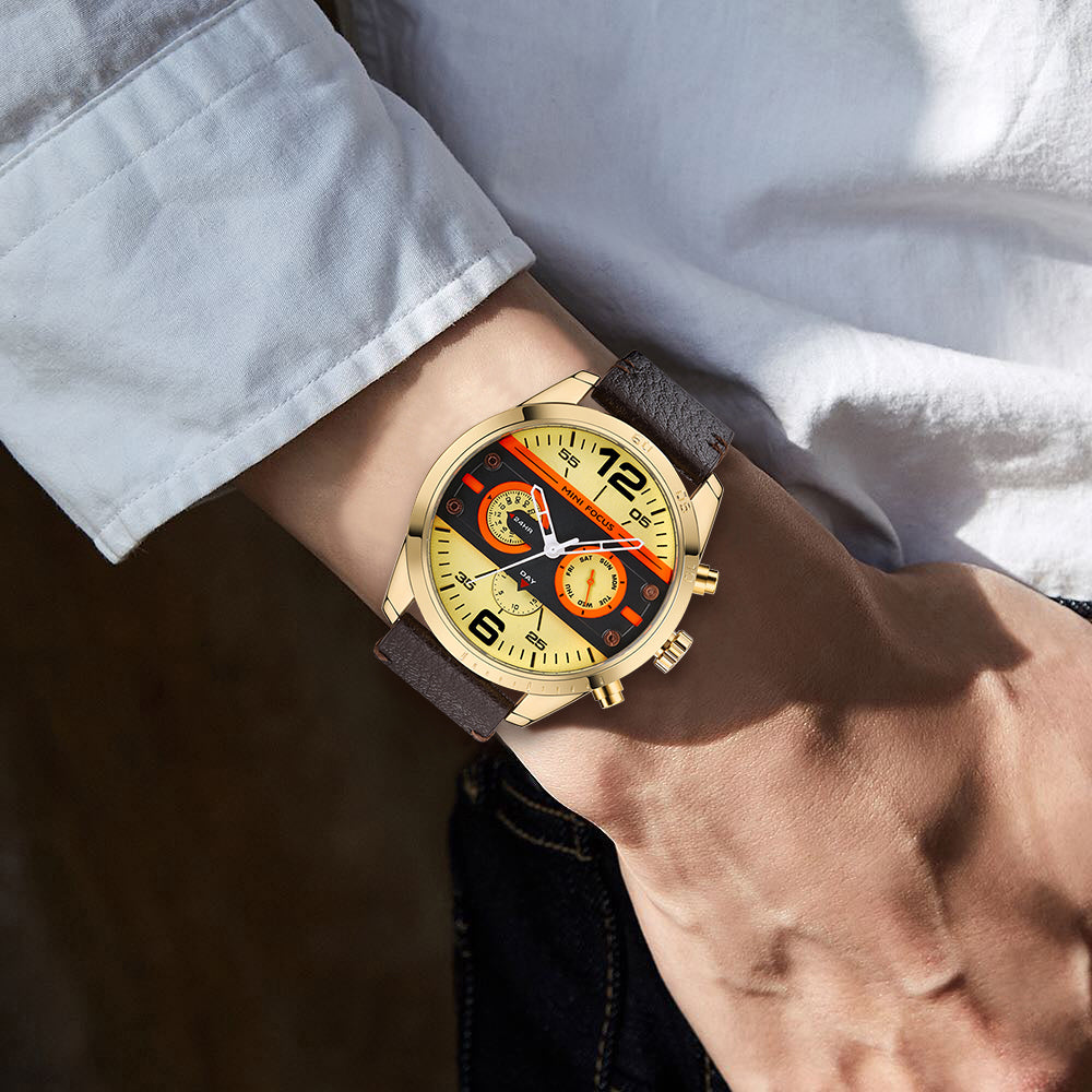 Mini Focus MF0068G.06 Brown Leather Watch with Yellow Sunshine Dial Day display and Chronograph