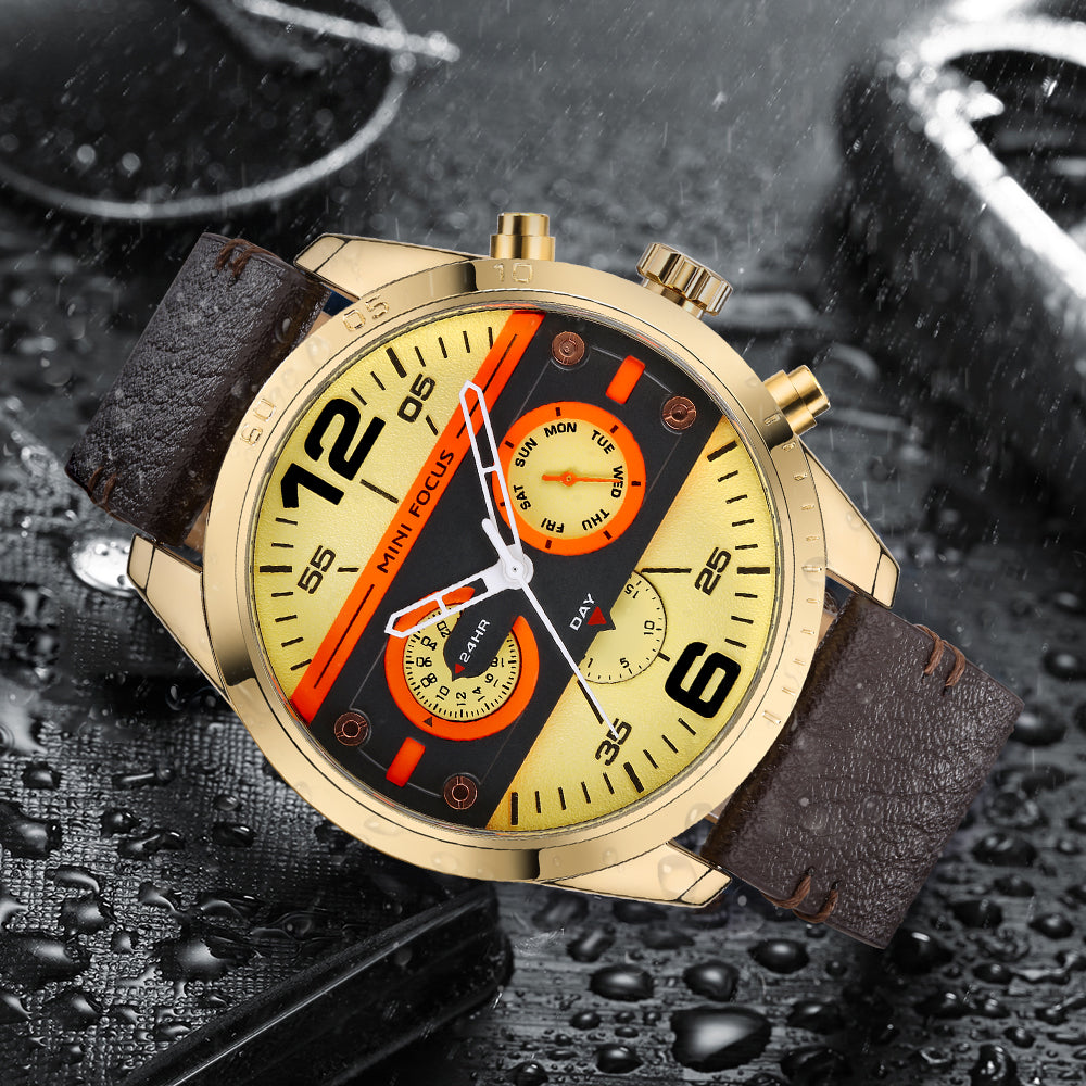 Mini Focus MF0068G.06 Brown Leather Watch with Yellow Sunshine Dial Day display and Chronograph