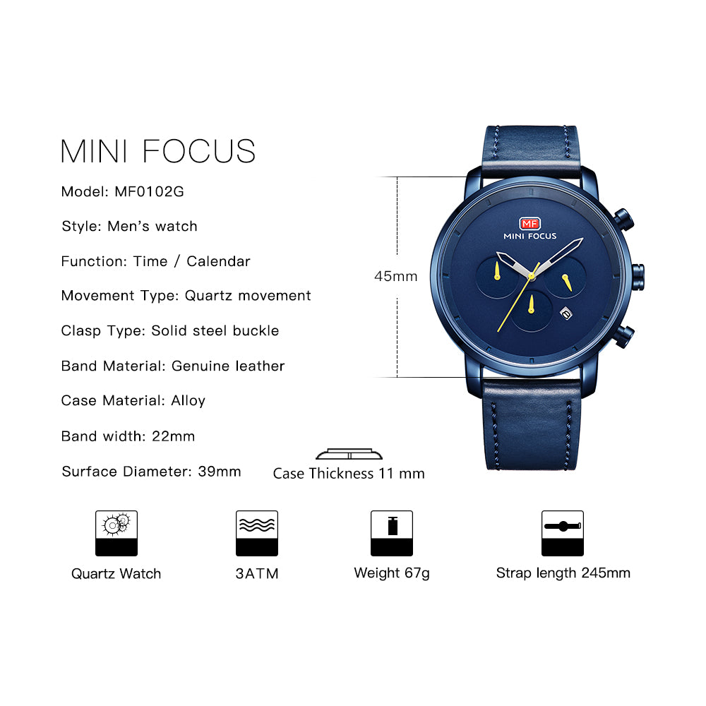 Mini Focus MF0102G.04 Monochrome Blue Dial with Minimalist Markers and Contrast Yellow Hands