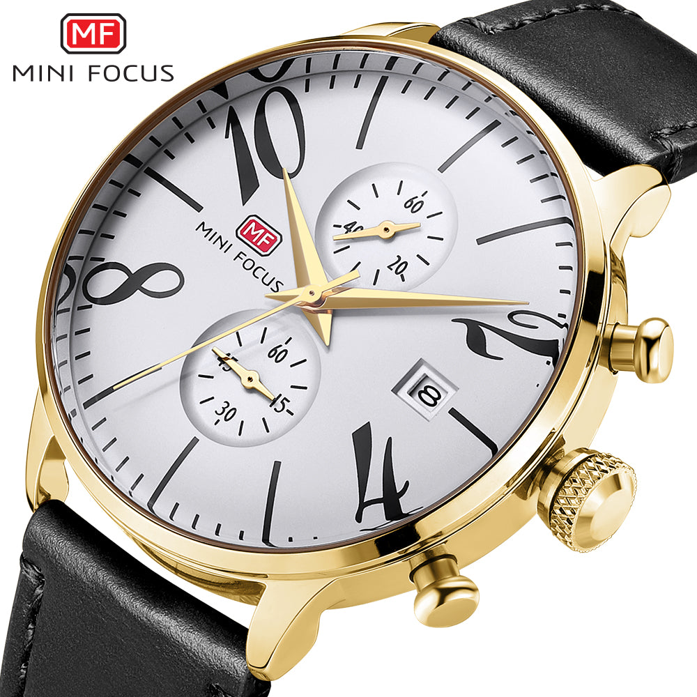 Mini Focus MF0135G.04 Men's Vintage Chronograph Watch – White Dial with Oversized Numerals, Gold Case and Black Leather Strap