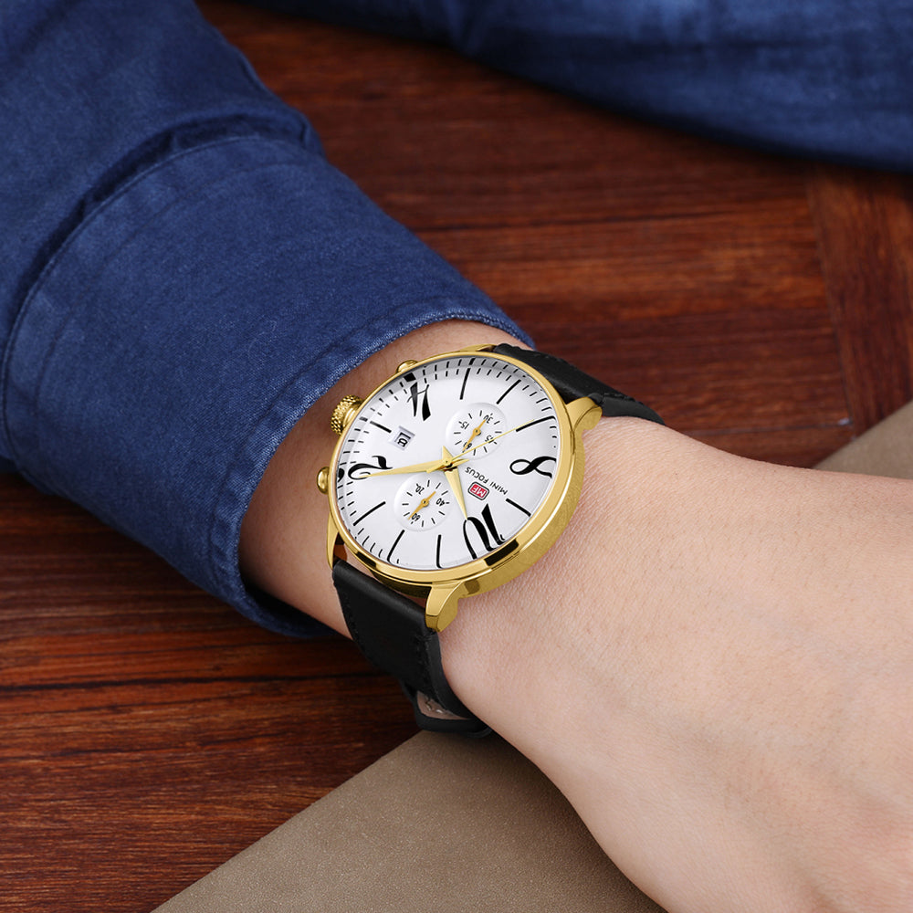 Mini Focus MF0135G.04 Men's Vintage Chronograph Watch – White Dial with Oversized Numerals, Gold Case and Black Leather Strap