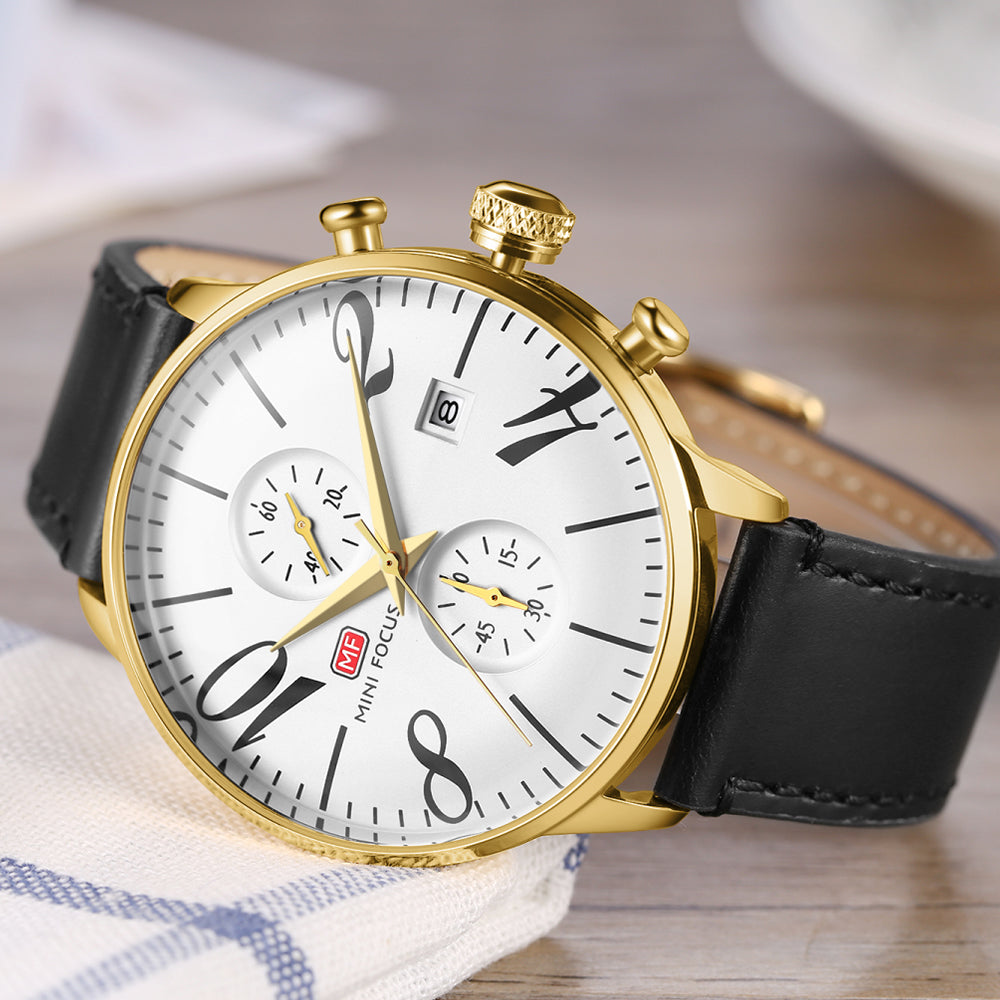 Mini Focus MF0135G.04 Men's Vintage Chronograph Watch – White Dial with Oversized Numerals, Gold Case and Black Leather Strap