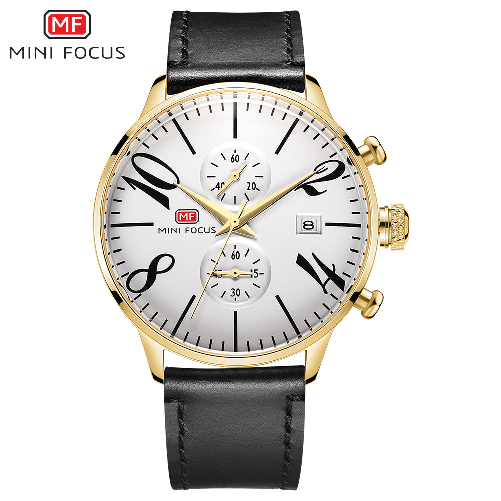 Mini Focus MF0135G.04 Men's Vintage Chronograph Watch – White Dial with Oversized Numerals, Gold Case and Black Leather Strap