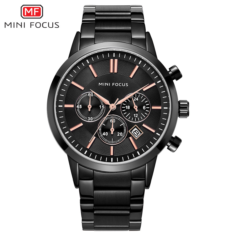 Mini Focus MF0188G.01 Chronograph – Matte Black Steel with Rose Gold Accents, Triple Sub-Dial & Date Display