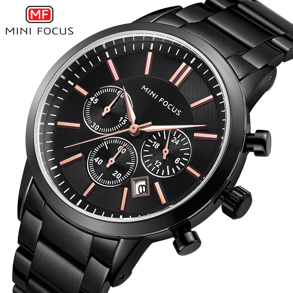 Mini Focus MF0188G.01 Chronograph – Matte Black Steel with Rose Gold Accents, Triple Sub-Dial & Date Display