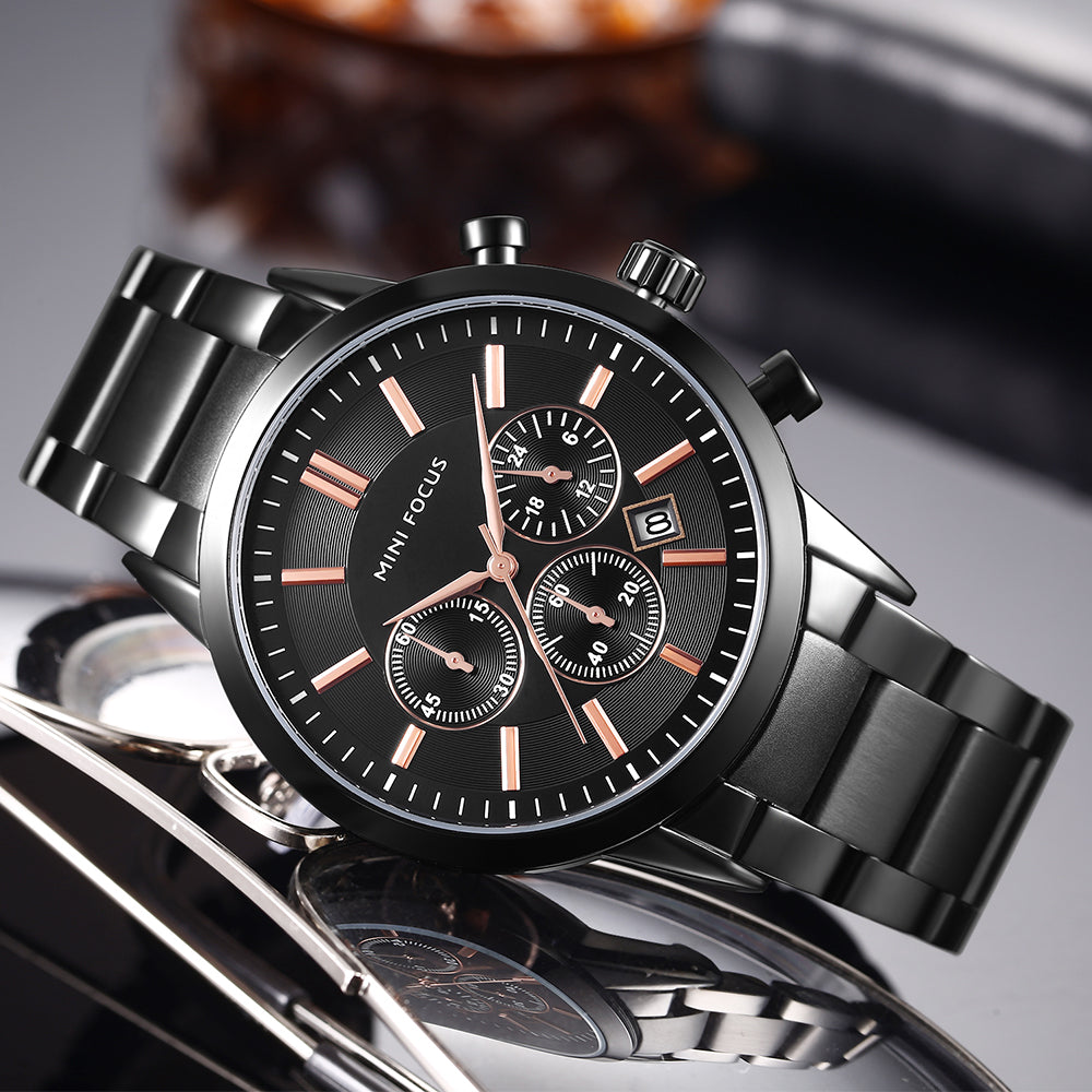 Mini Focus MF0188G.01 Chronograph – Matte Black Steel with Rose Gold Accents, Triple Sub-Dial & Date Display