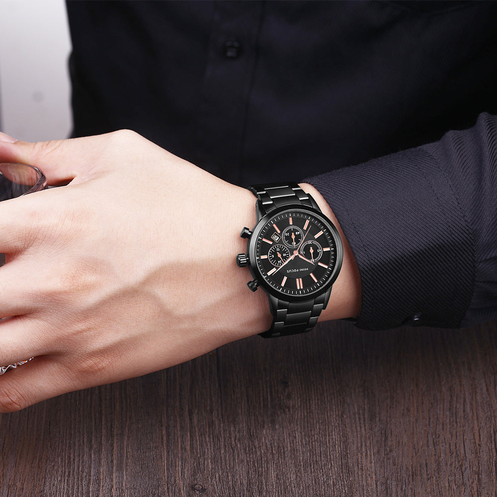 Mini Focus MF0188G.01 Chronograph – Matte Black Steel with Rose Gold Accents, Triple Sub-Dial & Date Display