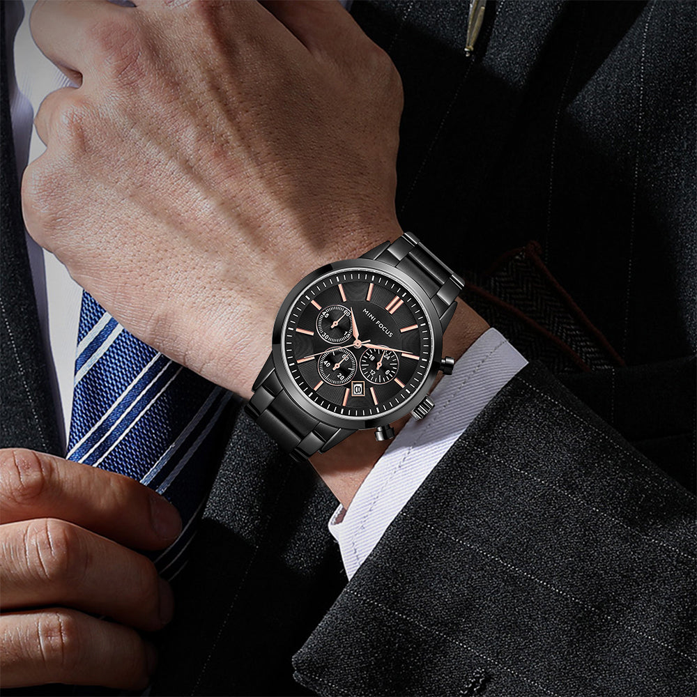 Mini Focus MF0188G.01 Chronograph – Matte Black Steel with Rose Gold Accents, Triple Sub-Dial & Date Display