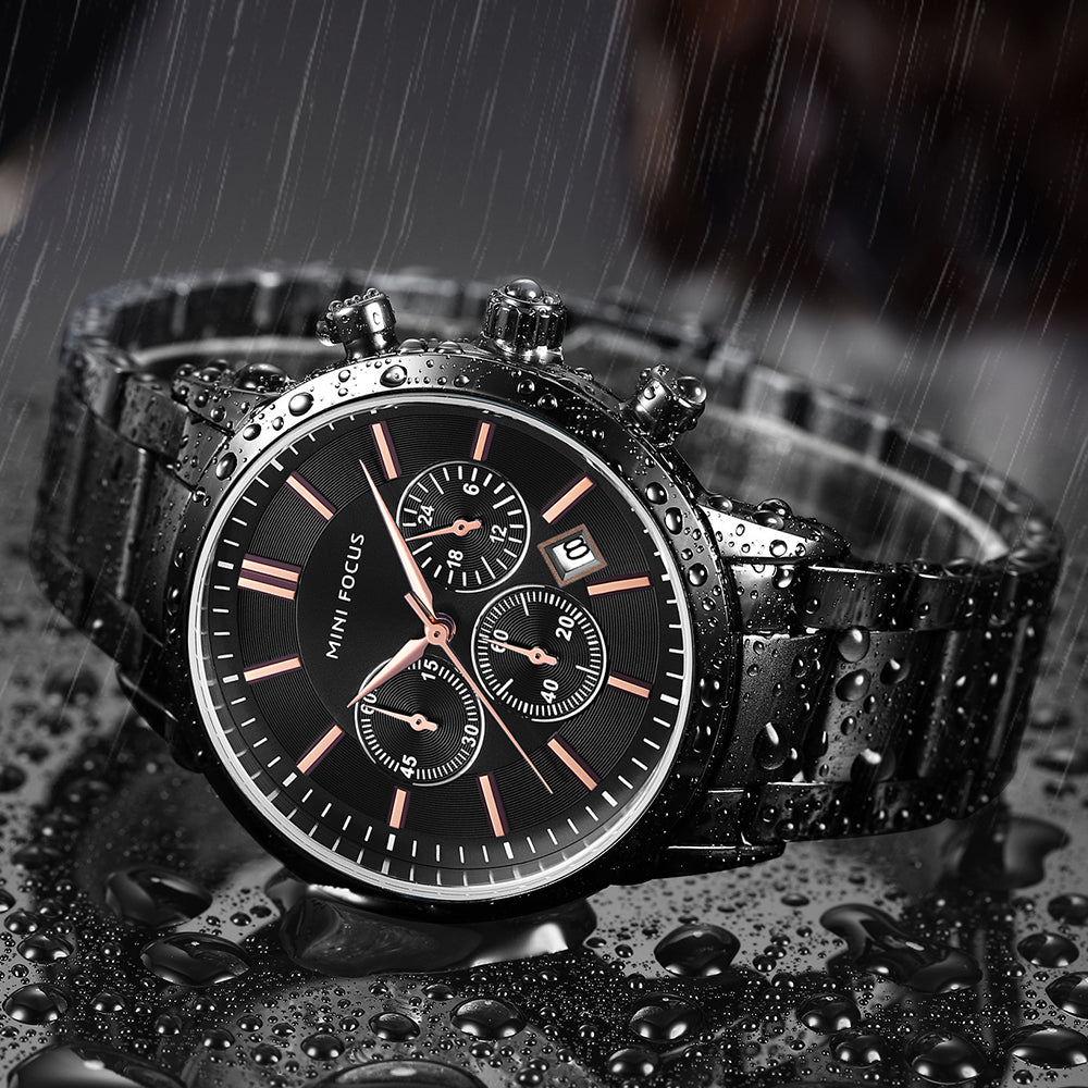 Mini Focus MF0188G.01 Chronograph – Matte Black Steel with Rose Gold Accents, Triple Sub-Dial & Date Display