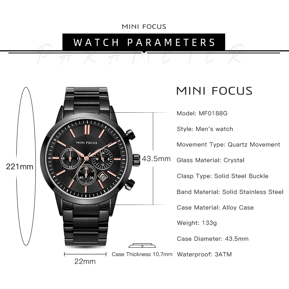 Mini Focus MF0188G.01 Chronograph – Matte Black Steel with Rose Gold Accents, Triple Sub-Dial & Date Display