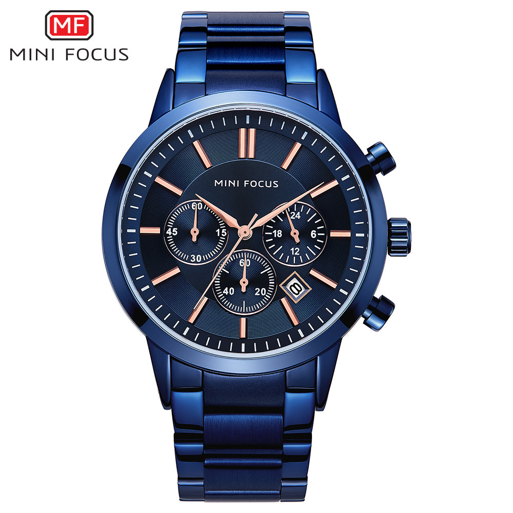 Mini Focus MF0188G.04 Chronograph – Blue Ion-Plated Steel with Rose Gold Markers, Triple Sub-Dial & Date Display
