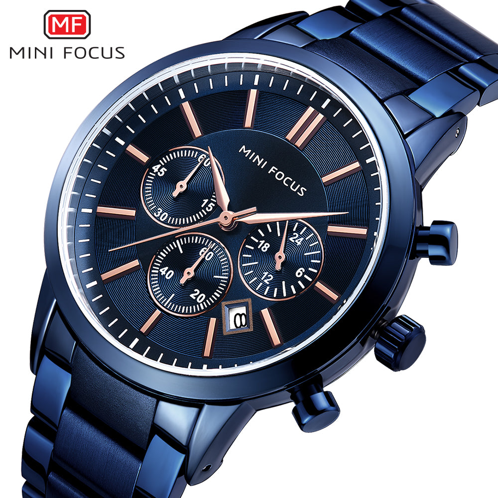 Mini Focus MF0188G.04 Chronograph – Blue Ion-Plated Steel with Rose Gold Markers, Triple Sub-Dial & Date Display