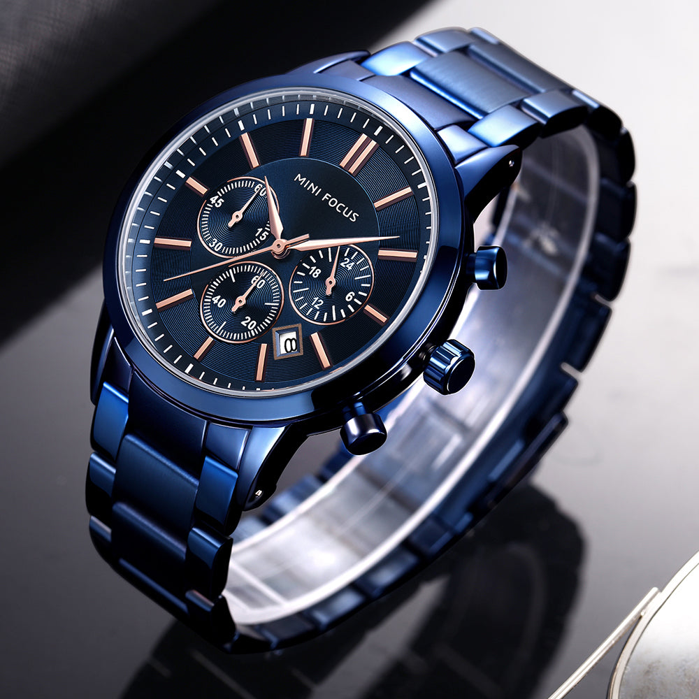 Mini Focus MF0188G.04 Chronograph – Blue Ion-Plated Steel with Rose Gold Markers, Triple Sub-Dial & Date Display