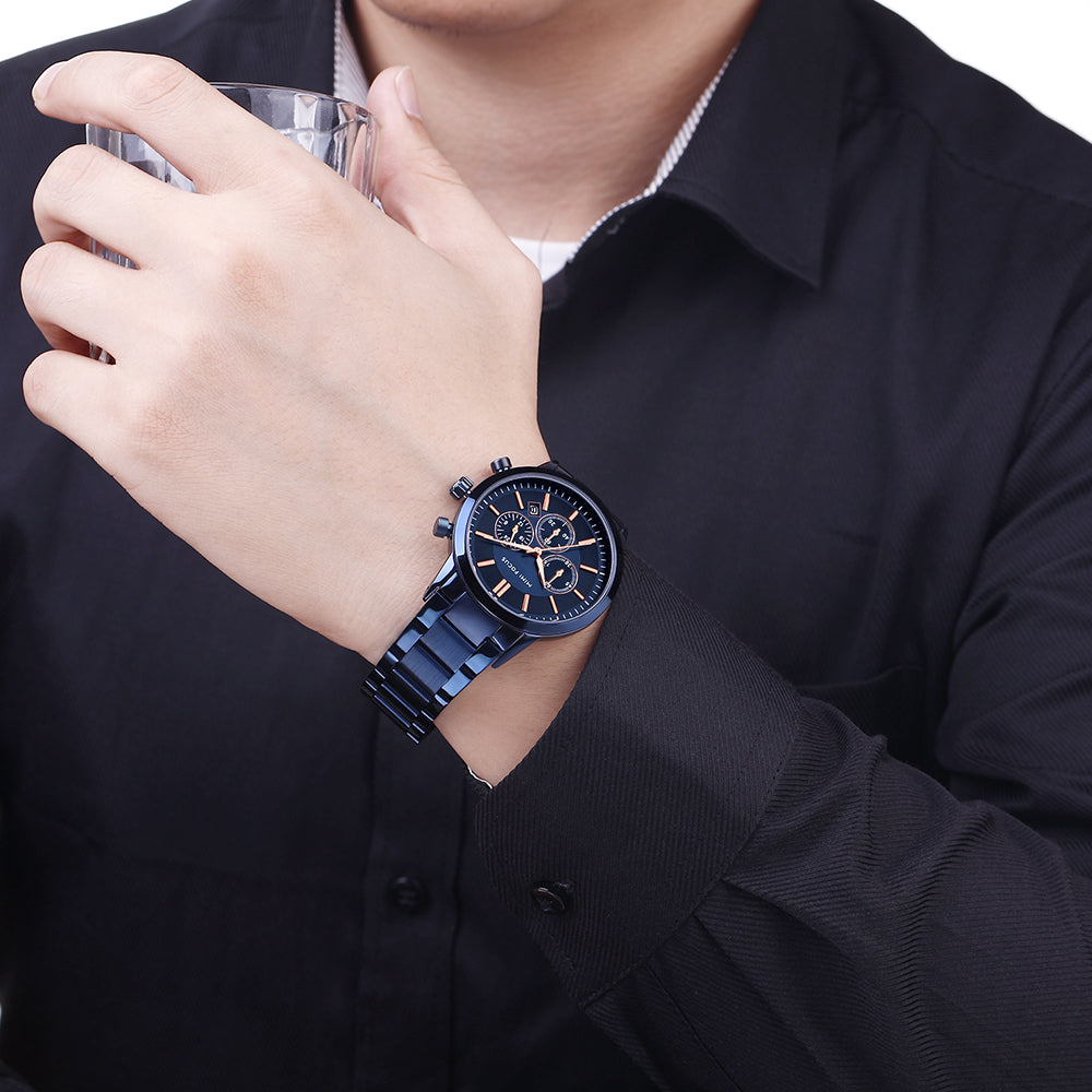 Mini Focus MF0188G.04 Chronograph – Blue Ion-Plated Steel with Rose Gold Markers, Triple Sub-Dial & Date Display