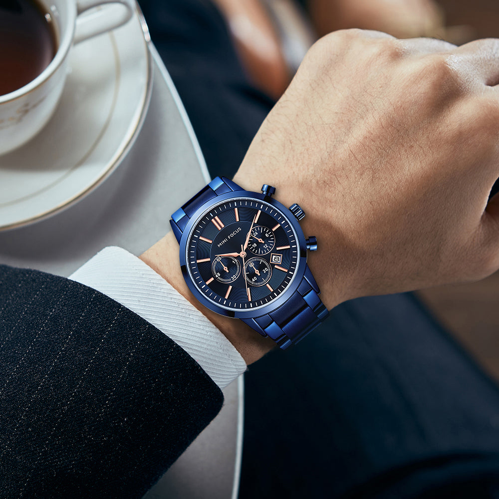 Mini Focus MF0188G.04 Chronograph – Blue Ion-Plated Steel with Rose Gold Markers, Triple Sub-Dial & Date Display