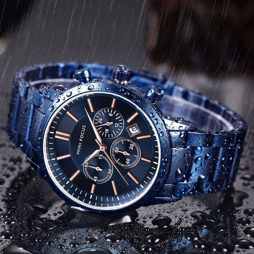 Mini Focus MF0188G.04 Chronograph – Blue Ion-Plated Steel with Rose Gold Markers, Triple Sub-Dial & Date Display