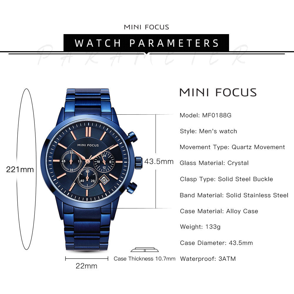 Mini Focus MF0188G.04 Chronograph – Blue Ion-Plated Steel with Rose Gold Markers, Triple Sub-Dial & Date Display